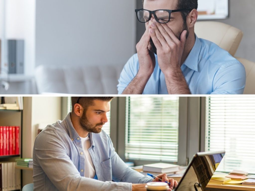 An image with two pictures of a working man, showing the change of tired to energetic