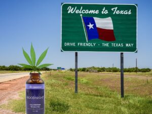 Highway sign 'Welcome to Texas' with a bottle of Cannovia's GOODNIGHT CBN/CBD Oil drops